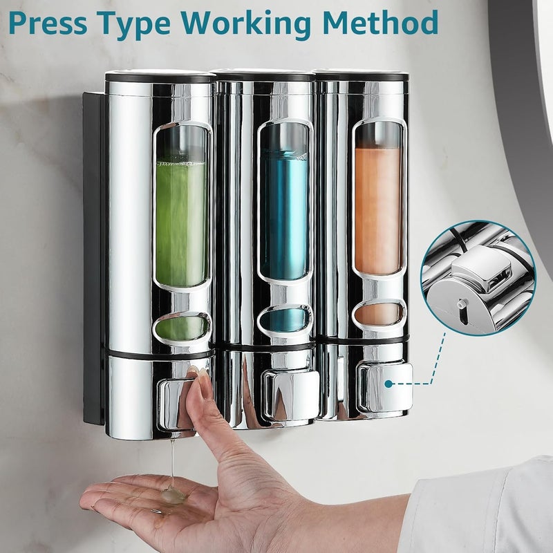 pollock Shampoo and Conditioner Dispenser,Shower Shampoo Dispenser 3 Chamber No Drilled Shampoo Dispenser for Shower Wall Mounted Shower Dispenser Body Wash Dispenser for Bathroom Kitchen Hotel,Chrome - Image 3